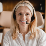 woman working in customer support wearing a headset and smiling